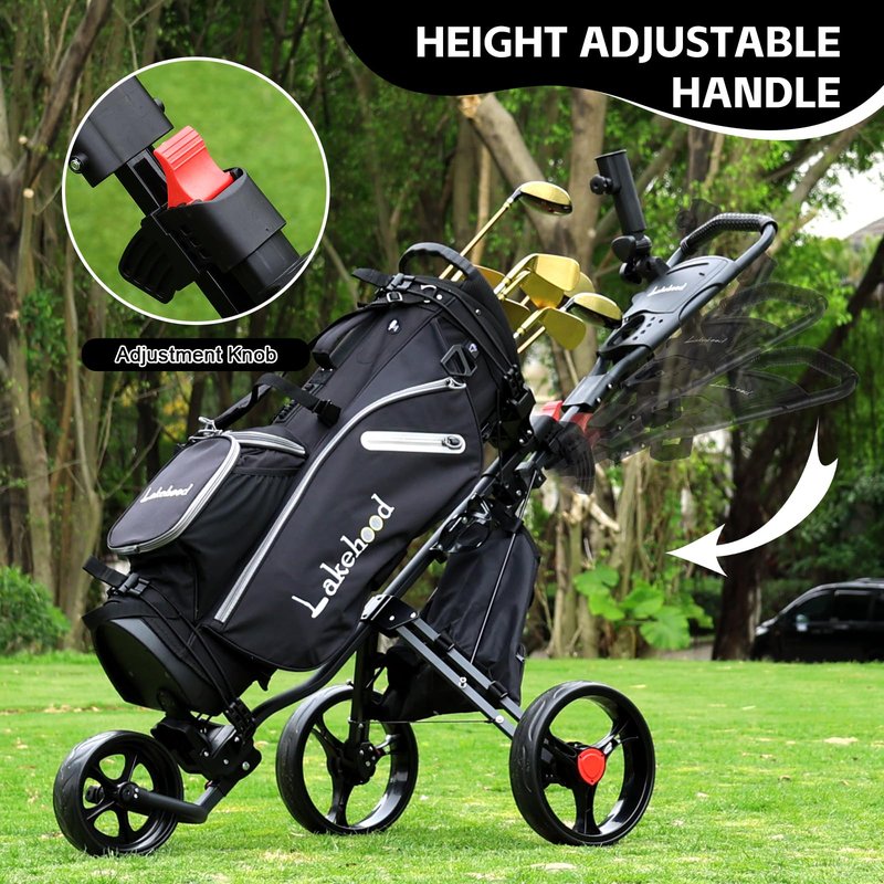 Lakehood 3 Wheel Golf Push Cart & Golf Bag Cart - Easy Fold/Unfold, Smooth Golf Push Pull Cart, One-Tap Brake, Push Golf cart Perfect for Golf Enthusiasts & Professionals (Black)