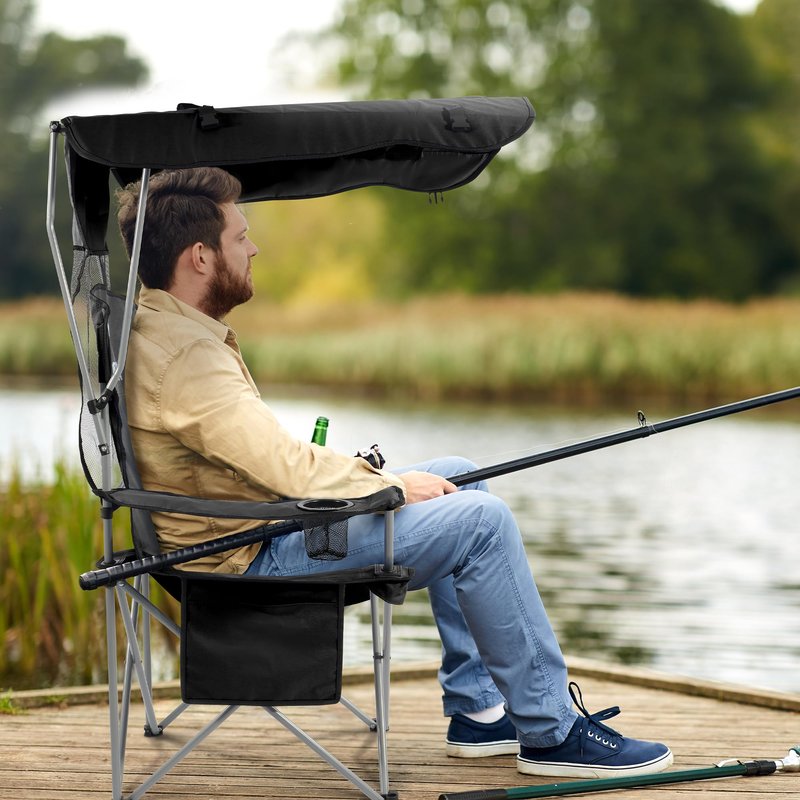 Elevon Camping Chair, Oversized Folding Chair with Canopy, Portable Outdoor Chair with Arms, Cup Holder and Carry Bag for Camping, Fishing, Beach, and Sports, Indigo