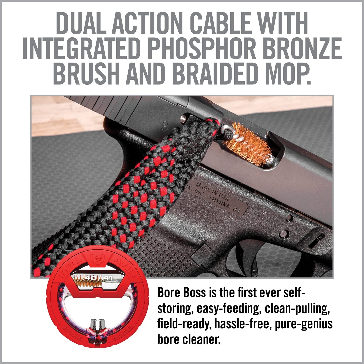 Real Avid Bore Boss Gun Cleaning System | Rapid Pull Through Barrel & Bore Cleaning Cable with Integrated Brush & Mop for Quick & Mess Free Gun Cleaning