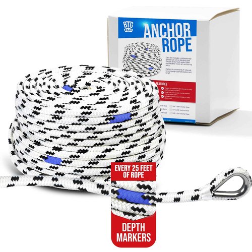 BTG Gear Heavy Duty 100 ft 3/8" Marine/Nautical Boat Anchor Line Depth Markers Rope w/Stainless Steel Thimble Eye Bolt, Boats up to 27'