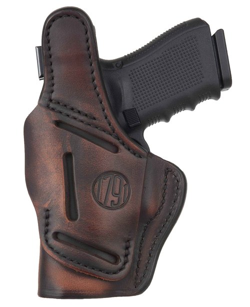 1791 GUNLEATHER 4 Way Thumb Break Holster - OWB & IWB Right Handed Leather Gun Holster - Compatible for Glock 17 19 22 23 32, Ruger SR9 SR22, Sig P225 P299, SW MP9 MP40, Taurus G2 (Vintage Brown)