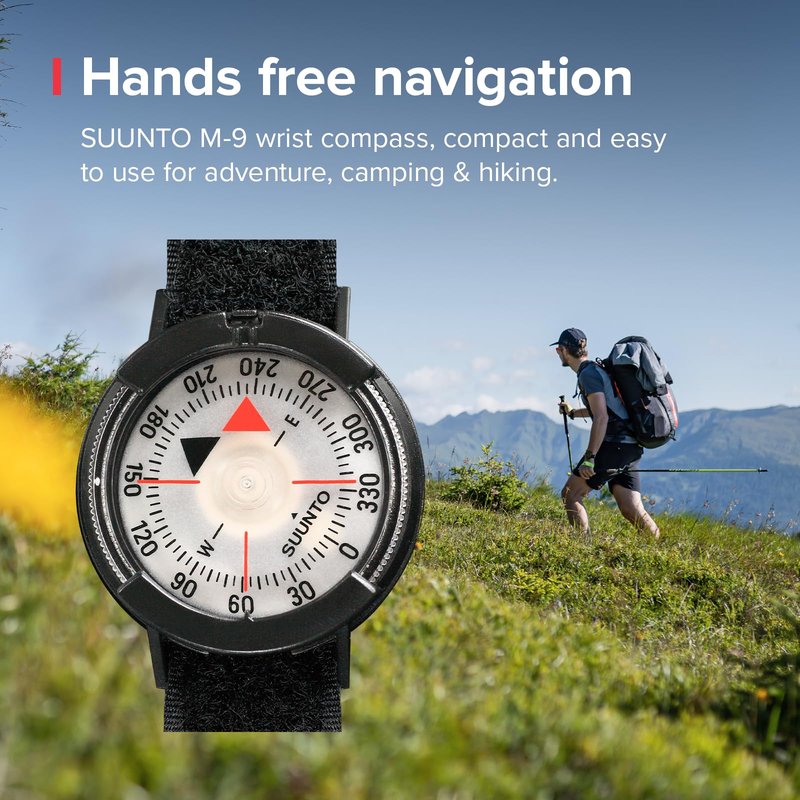 SUUNTO M-9 Wrist Compass, Northern Hemisphere, Multifunctional Compass with Velcro Wristband, Compact Waterproof Navigation Comapss for Hiking & Adventure, Black