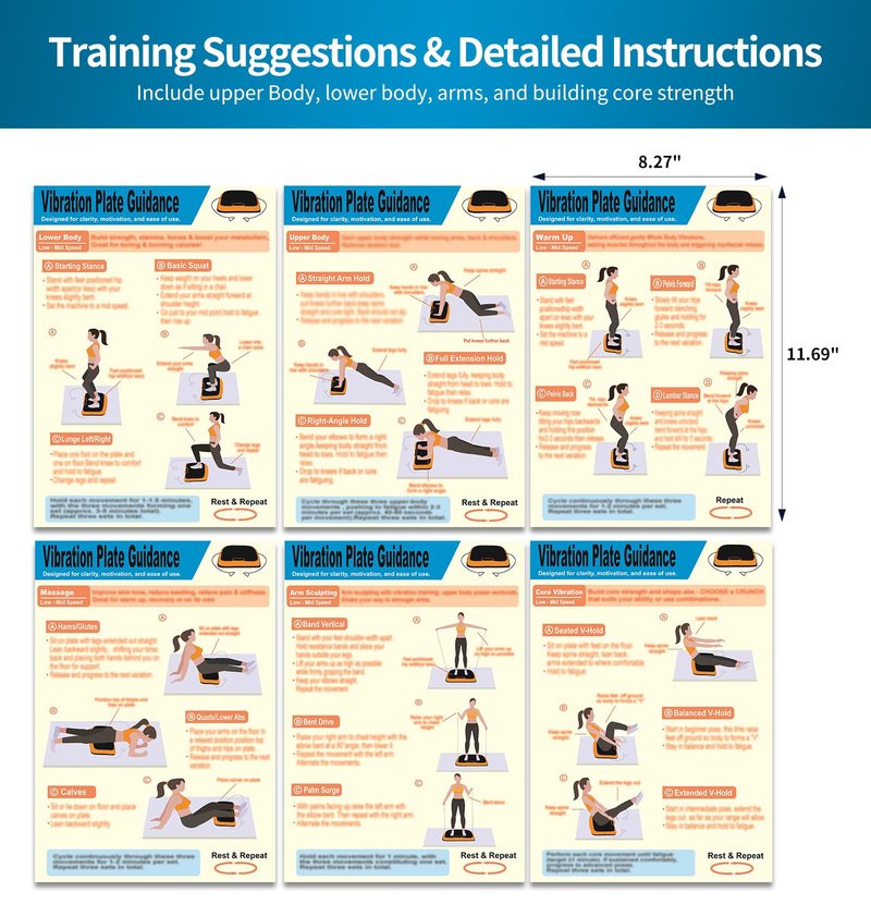 Whole Body Vibration Plate Exercise Poster Set - 6 Workout Guides & 2 Customizable 30-Day Plans for Home & Gym Use