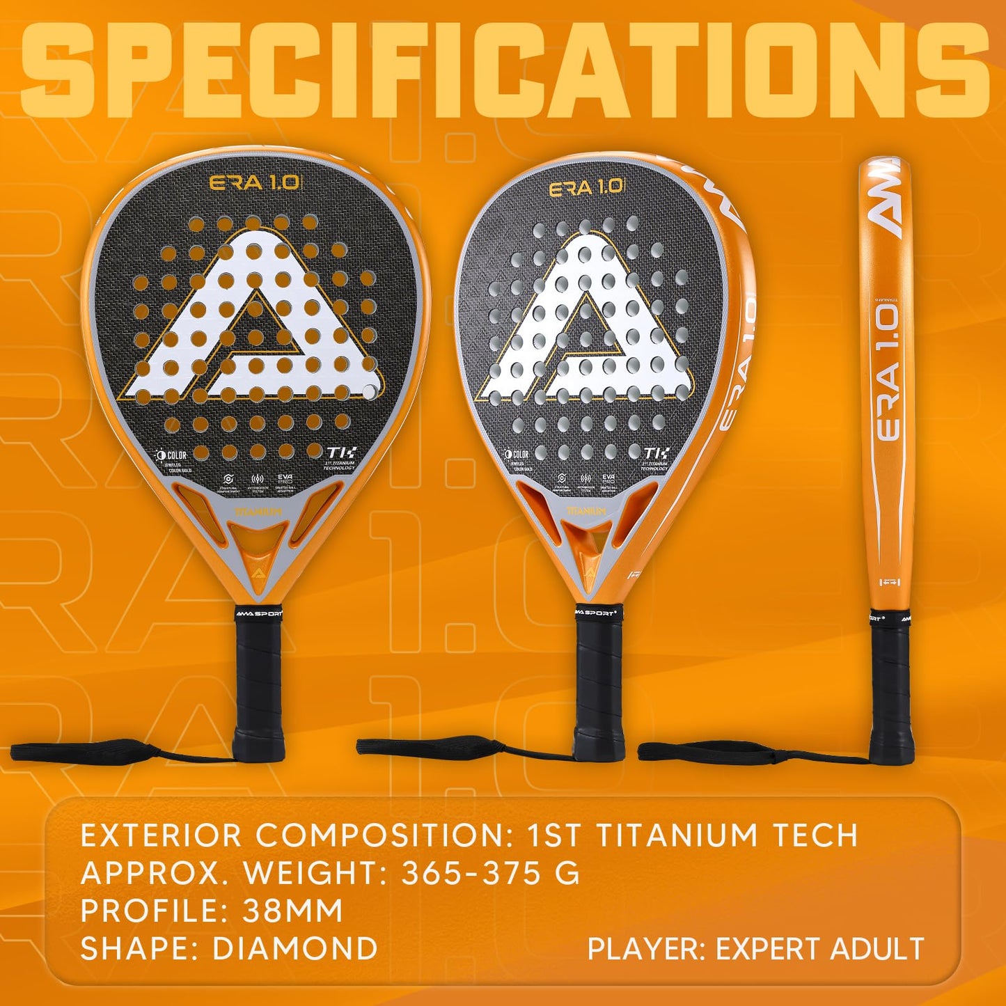 AMA SPORT ERA 1.0 Padel Racket Titanium Carbon Fiber Surface with EVA Flex Foam Core Paddle Racket Lightweight Power & Precision Control Padel Racquet for Intermediate and Advanced Players (Gold)