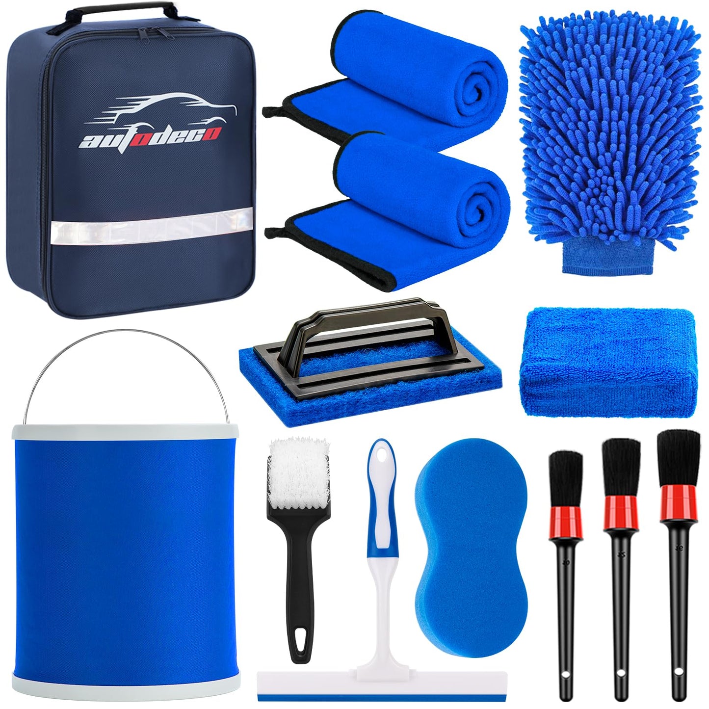 AUTODECO 12Pcs Boat Wash Cleaning Kit with Collapsible Bucket Wash Sponge Mitt Microfiber Towel Squeegee Scrub Pads Brushes Complete Interior Exterior Cleaning Set for Boat