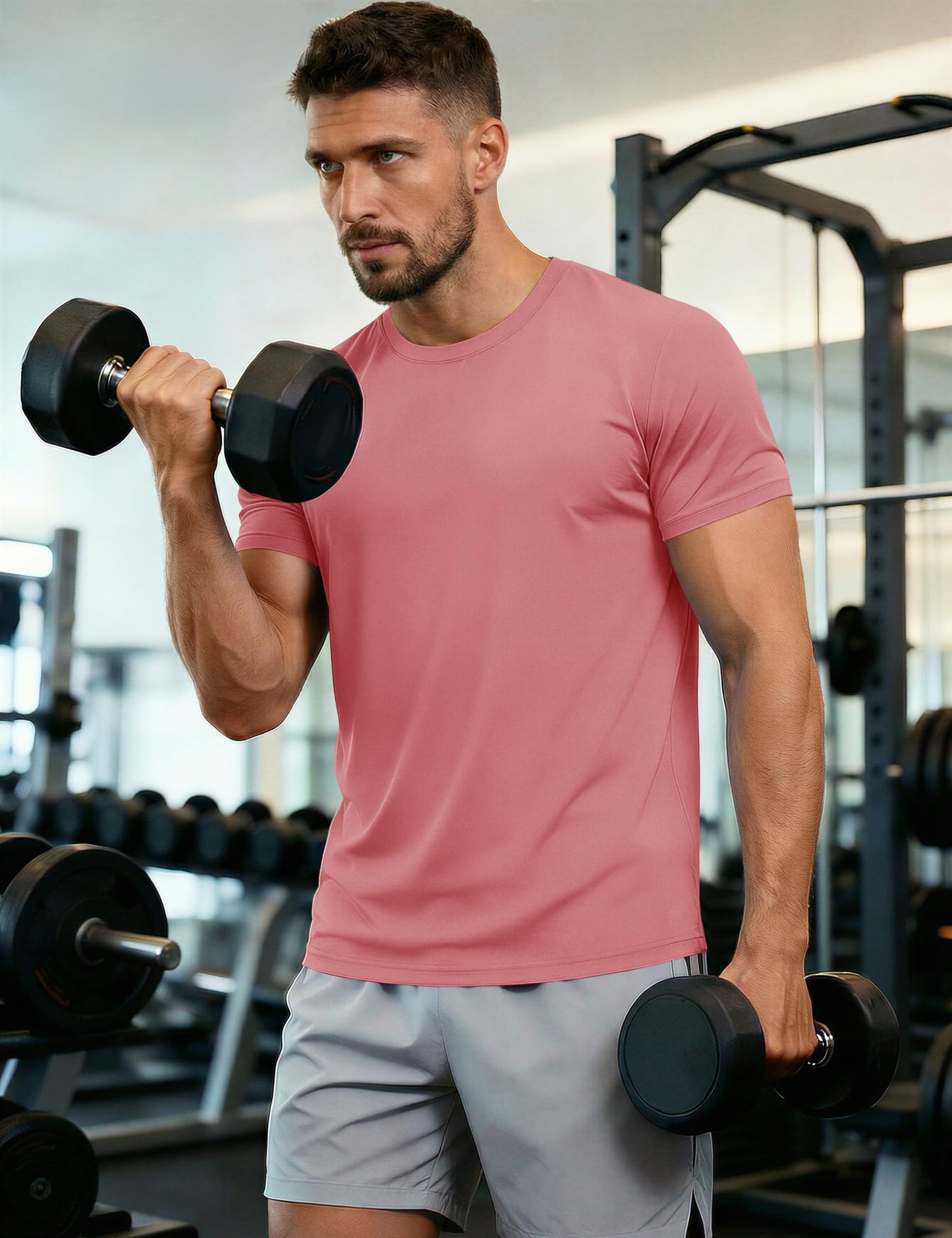 Dry Fit Shirts Men Workout Shirts Performance Shirts Rash Guards Shirts Moisture Wicking Running T-Shirt Outdoor Hiking Top Tee Grey Pink