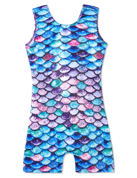 Domusgo Girls Gymnastics Leotards Size 6-7 Years Old Sleeveless Sparkly Colorful Mermaid Biketard with Shorts