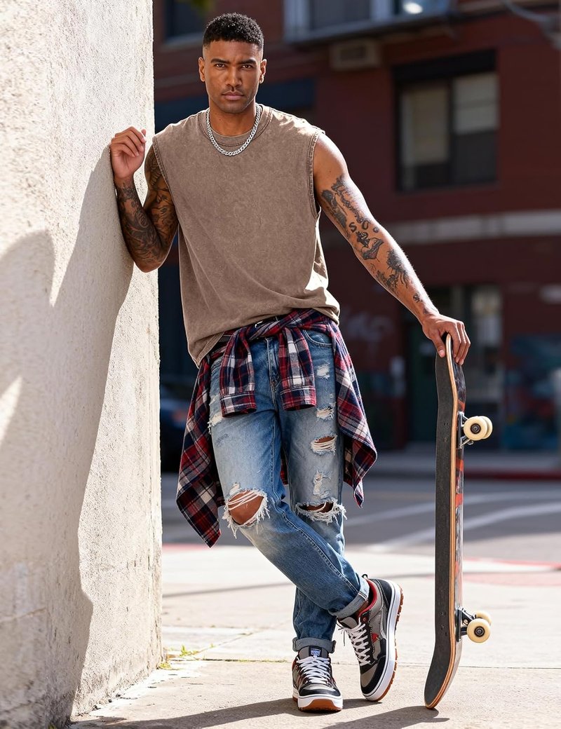 Men's Acid Wash Cotton Tank Tops - Sleeveless Muscle Workout Tees for Running & Beach | Loose Fit