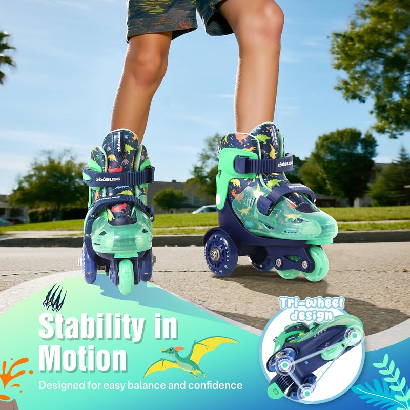 Kids Roller Skates for Beginners - ZOOBLISS Toddler Roller Skates for Boys Ages 3-7 with Light-Up Wheels & 4 Adjustable Sizes, Tri-Wheel Training Skates for Kids (Dino Blue)