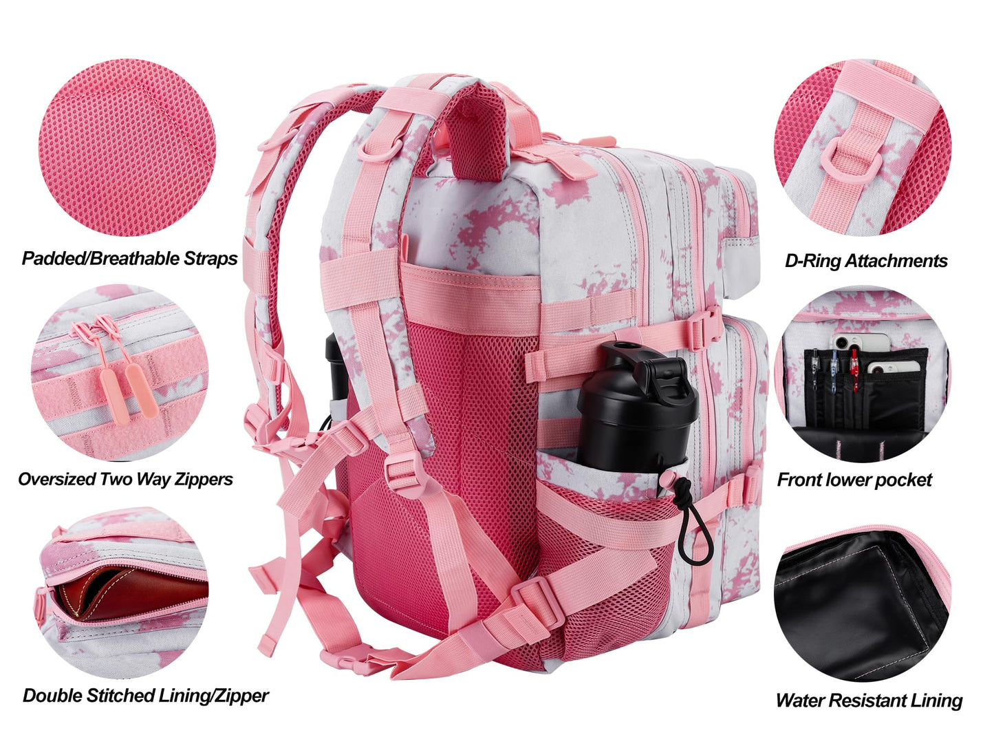 LHI Military Tactical Backpack for Men and Women 45L Army 3 Days Assault Pack Bag Large Rucksack with Molle System - Pink Tie-Dye