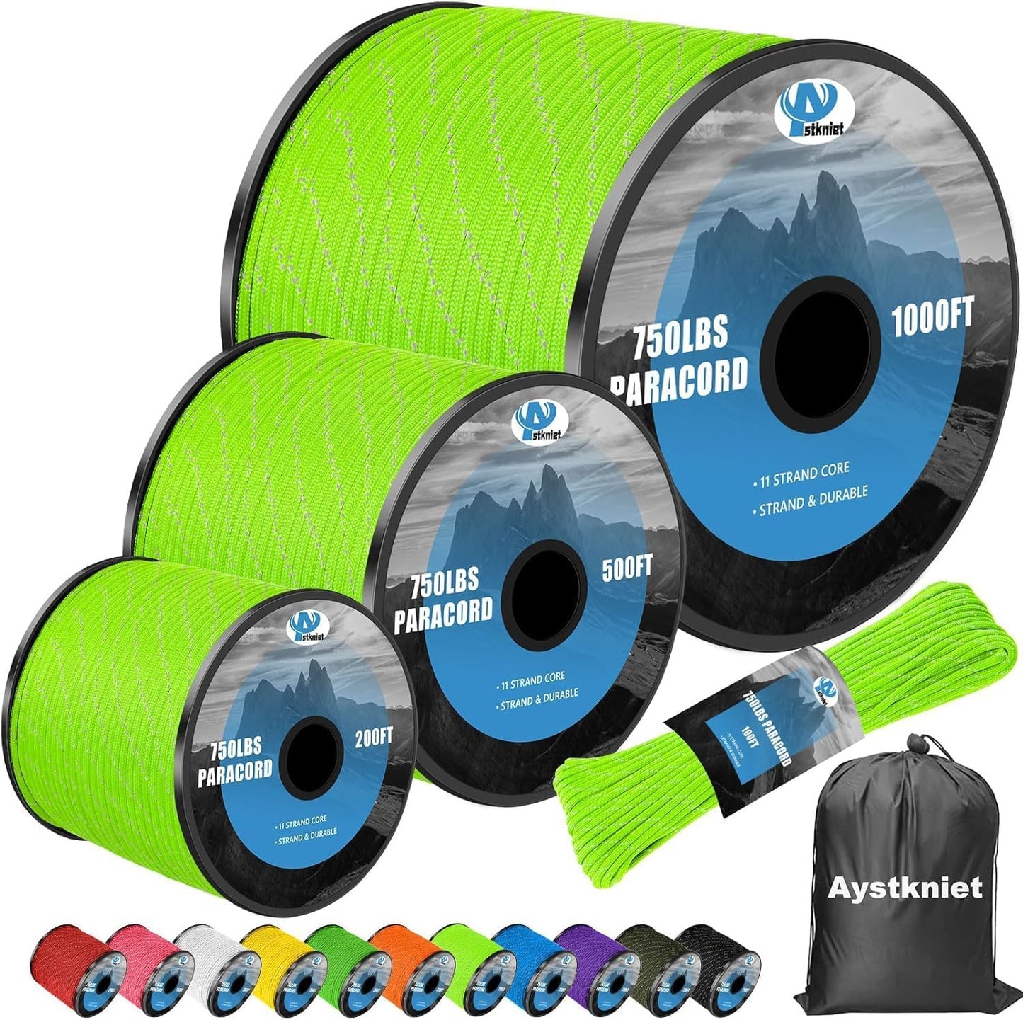 Reflective Paracord Rope - 750lb Strength | 100', 200', 500', 1000' Lengths, 4mm 11-Strand for Camping & Hammocks