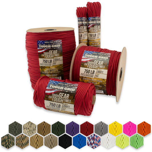 TOUGH-GRID 750lb Paracord/Parachute Cord - 100% Nylon Mil-Spec Type IV Paracord Used by The US Military, Great for Bracelets and Lanyards, 200Ft. - Red