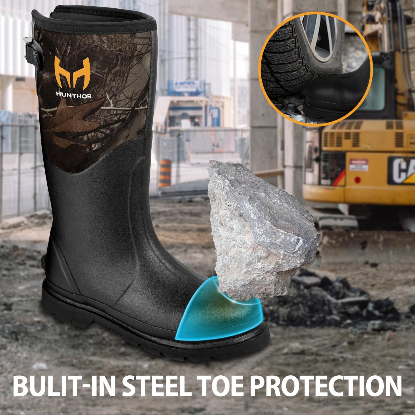 Hunthor Rubber Work Boots, Puncture-Proof with Steel Toe & Shank, Waterproof Insulated 6mm Neoprene Hunting Boots for Farming, Construction, Gardening, Fishing, Outdoor Work