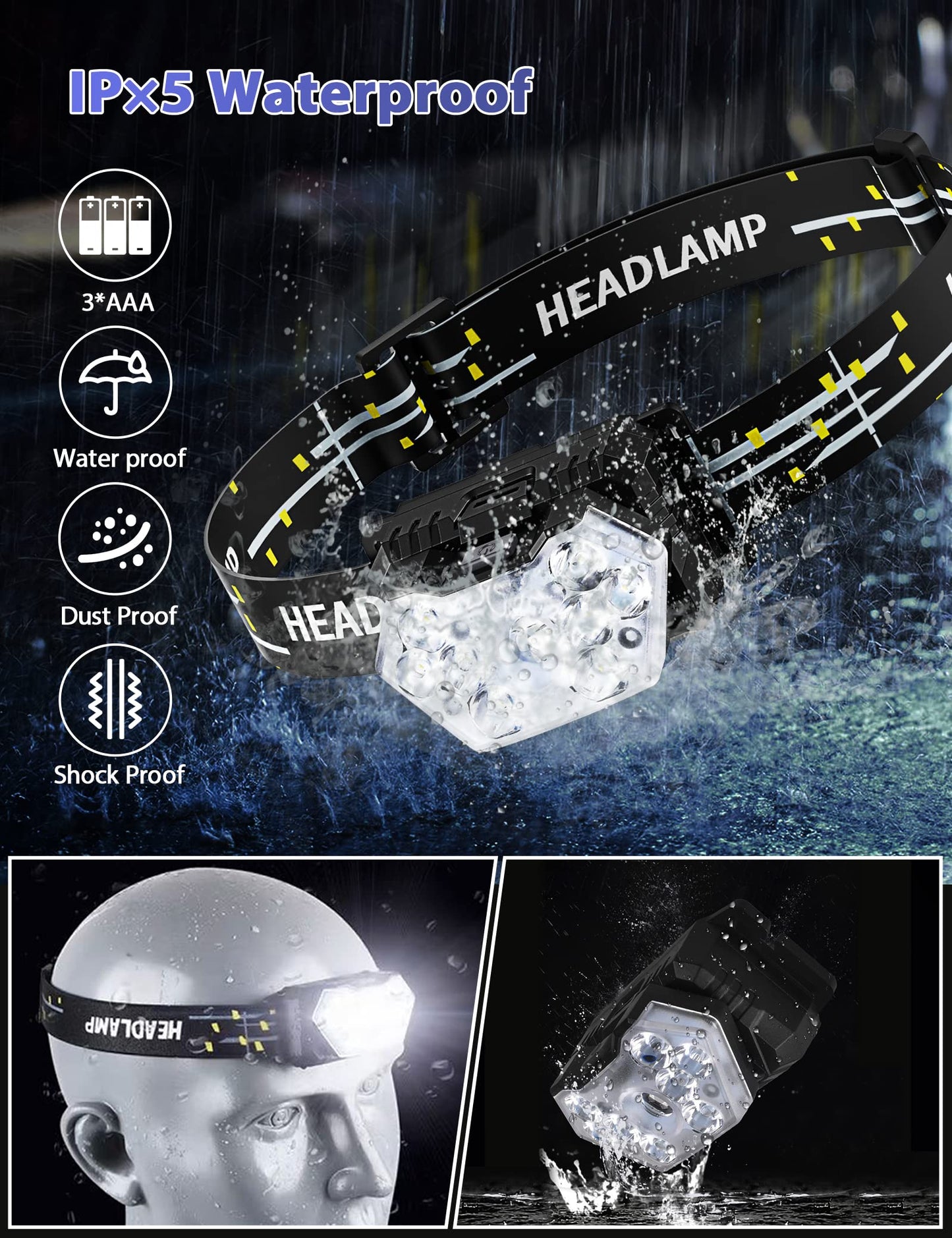 Eirnvop 2000 Lumen 9 LED Headlamps 2 Pack, Ultra Bright Head Lamp with 6 Modes, IPX5 Waterproof Head Light, Lightweight Head Flashlight for Running Night-Walking Camping, 6 AAA Batteries Included