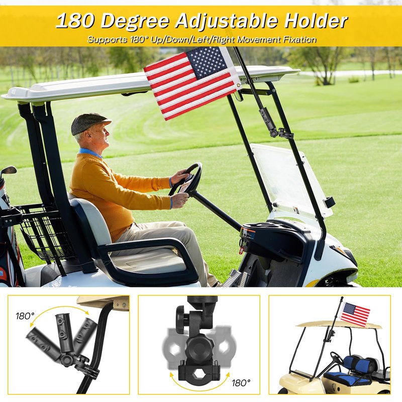 SANXIACAR Golf Cart Flag Holder with USA Flag Pole Kit Set for EZGO TXT RXV Club Car Precedent DS Tempo Onward Yamaha Boat Flag Pole Mount Kit (with American Flag 12 x 18 Inch)