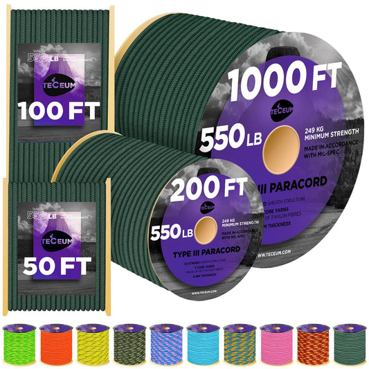 TECEUM Paracord Type III 550 Camo Green – 50 ft – 4mm – Tactical Rope MIL-SPEC – Outdoor para Cord –Camping Hiking Fishing Gear and Equipment – EDC Parachute Cord – Strong Survival Rope 011b