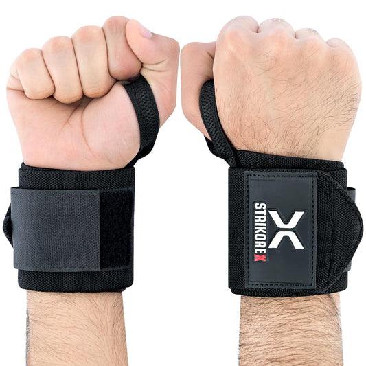 StrikoreX Wrist Straps for Weightlifting with Support for Men & Women 18", Gym Lifting Flexible Fit & Stiff Wrist Wraps Workout Equipment,Powerlifting Strength Training & Push Ups (BLACK/BLACK)