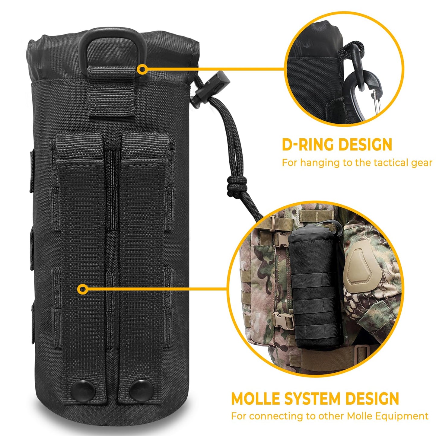 Tanzueji Upgraded Sports Tactical MOLLE Water Bottle Pouch with 2 Carabiners, Drawstring Open Top & Mesh Bottom Travel Hydration Carrier for Outdoor Hiking Camping