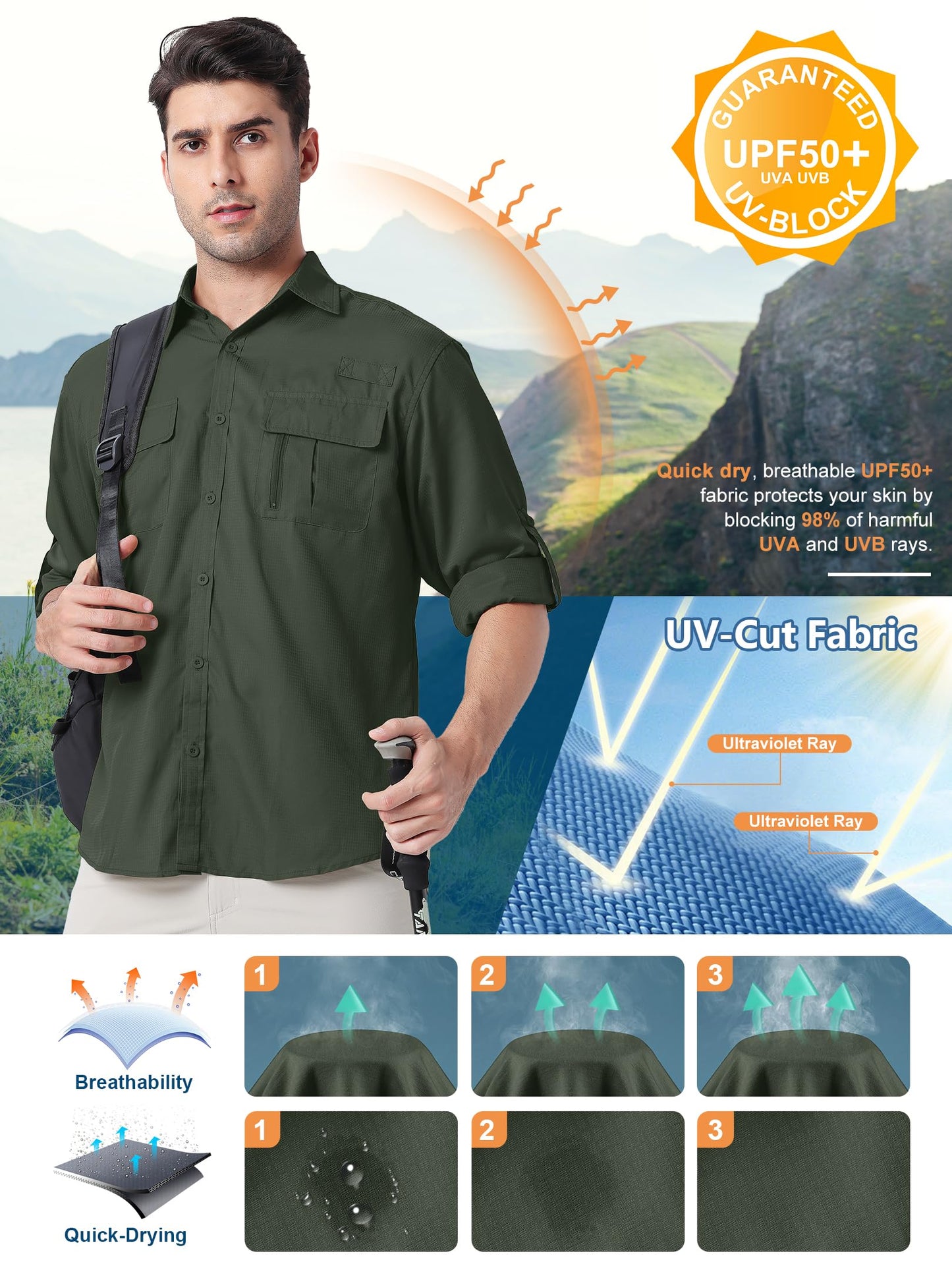 Men's Long Sleeve Sun Protection Shirts UPF 50+ UV Button Down Quick Fast Dry Cooling Fishing Breathable for Travel Safari Camping Hiking (US, Alpha, Medium, 16.5, Regular, Regular, Military Green)