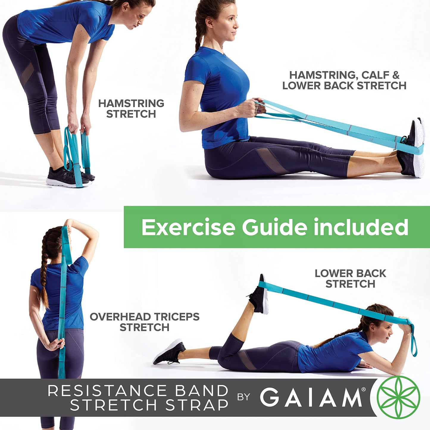 Gaiam Restore Stretch Band Strap - Elastic Stretching Strap with Loops for Medium Resistance Stretch Assist on Leg, Hamstring, Exercise/Fitness/Workout, Physical Therapy Green,Teal