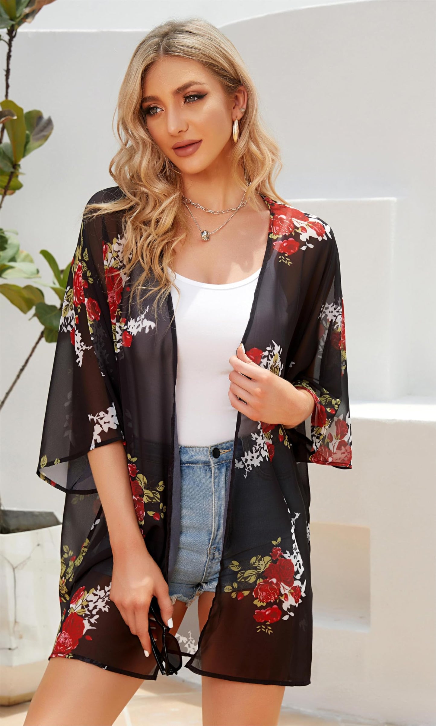 Women's Floral Kimono Print Puff Sleeve Loose Cardigan Cover Up Casual Blouse Tops (Green Gradient Print, XL)