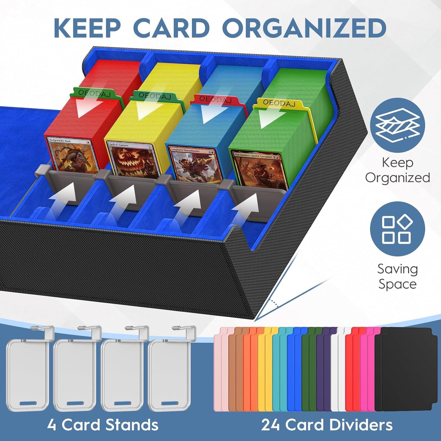 Trading Card Storage Box - 3200+ MTG Card Organizer with 24 Colorful Dividers & 4 Stands | Fits Yu-Gi-Oh & Game Cards (Black & Blue)