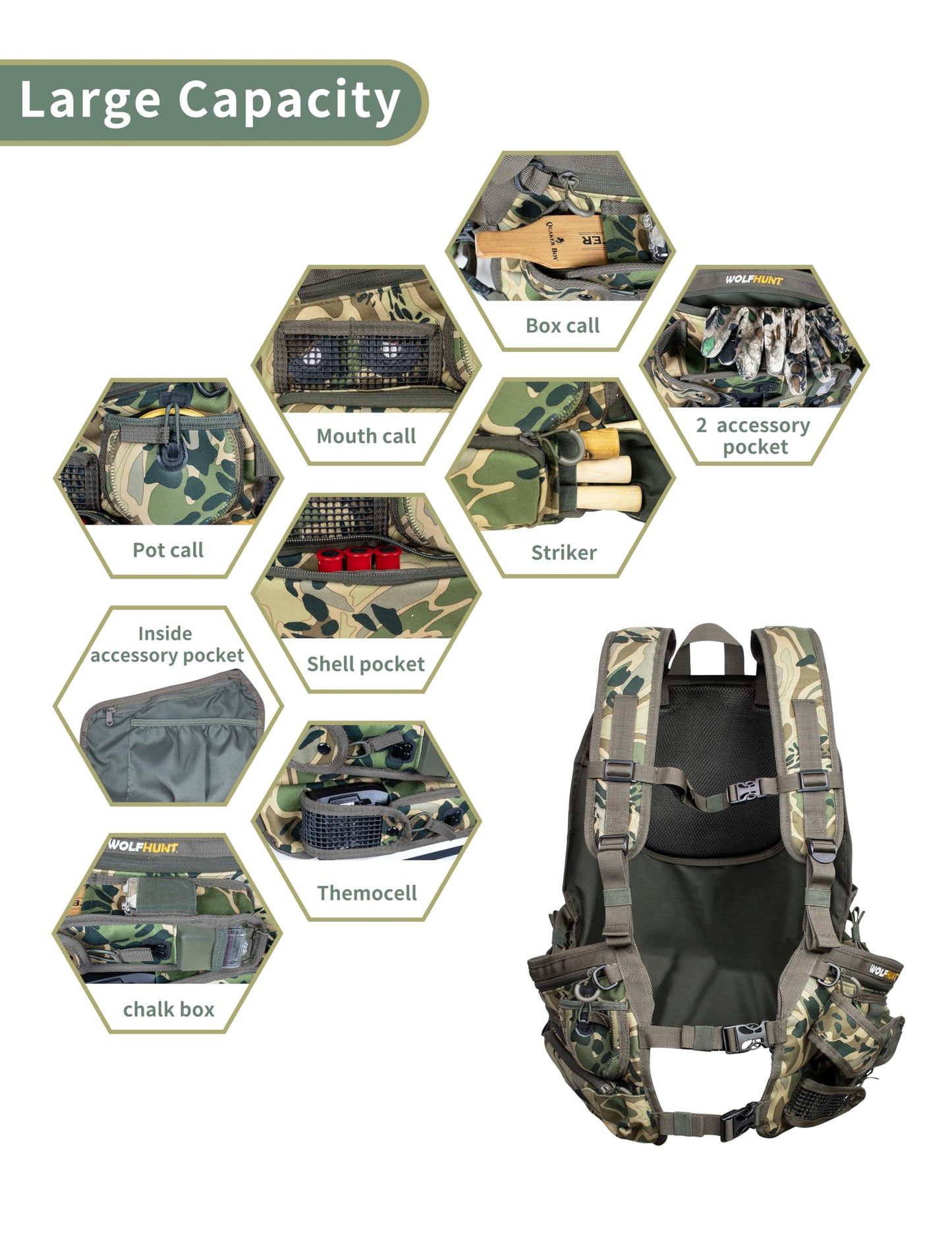 WOLFHUNT Turkey Vest with Seat Magnetic, Hunting Vest for Turkey with Large Game Bag, Extensive Adjustability & Multi-Function Pocket, Os_woods