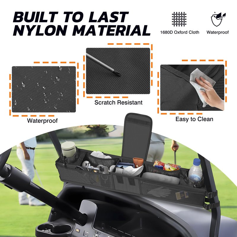 1680D Heavy-Duty Golf Cart Storage Basket - Multi-Functional No-Drilling Organizer with Cup Holder, Fits EZGO/Club Car/Yamaha/Kandi Golf Carts