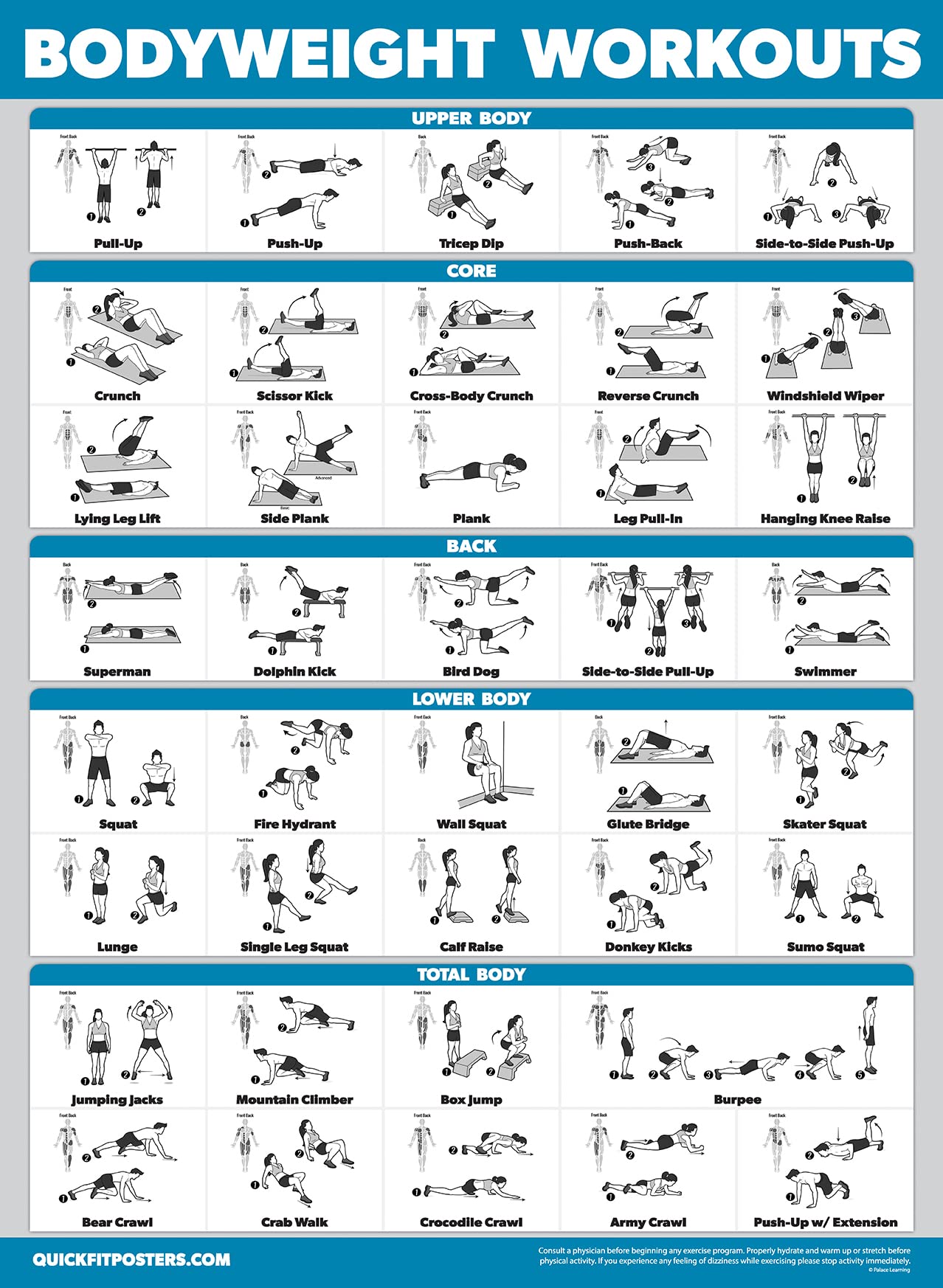 Palace Learning 4 Pack - Resistance Bands Workout Posters Volume 1, 2 & 3 + Bodyweight Exercise Chart (LAMINATED, 18" x 24")