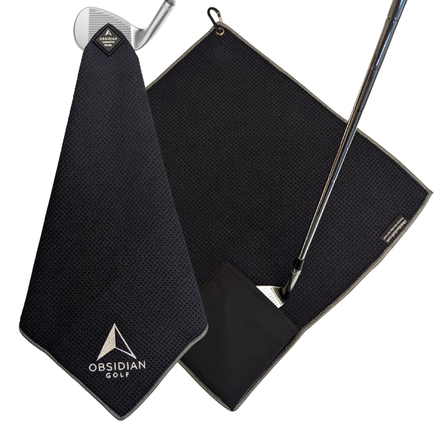 Clean Balls Go Further Magnetic Golf Towel (Greenside 18" x 18") with Hydro Pocket – Premium Full-Size Waffle Weave Stays Wet for Cleaning Clubs, Attaches to Clubs or Cart, Green-Side Ready (Black)