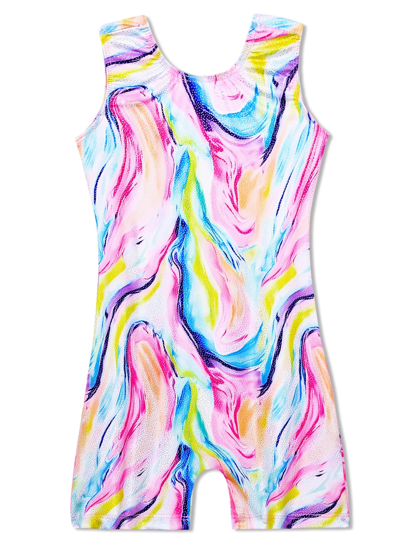 Domusgo Gymnastics Leotards for Girls 6-7 Years Old Sparkly Tie Dye Colorful Sleeveless Unitard with Shorts