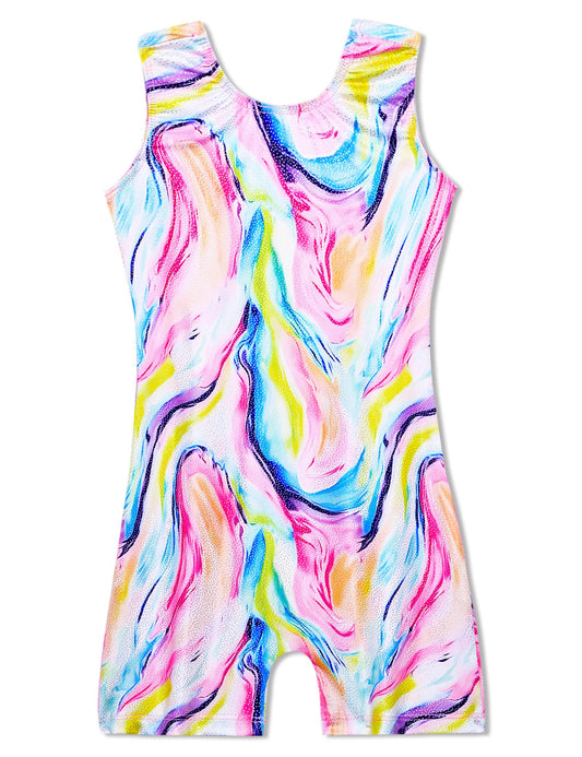 Domusgo Gymnastics Leotards for Girls 6-7 Years Old Sparkly Tie Dye Colorful Sleeveless Unitard with Shorts