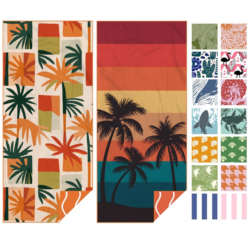 Eunzel 2 Pack Microfiber Beach Towel, Quick Dry Travel Towel Large Sand Free Towel for Beach, Camping, Swim Pool, Gym, Sports& Yoga 71"x32", Retro Tropics/Tropical Sunset