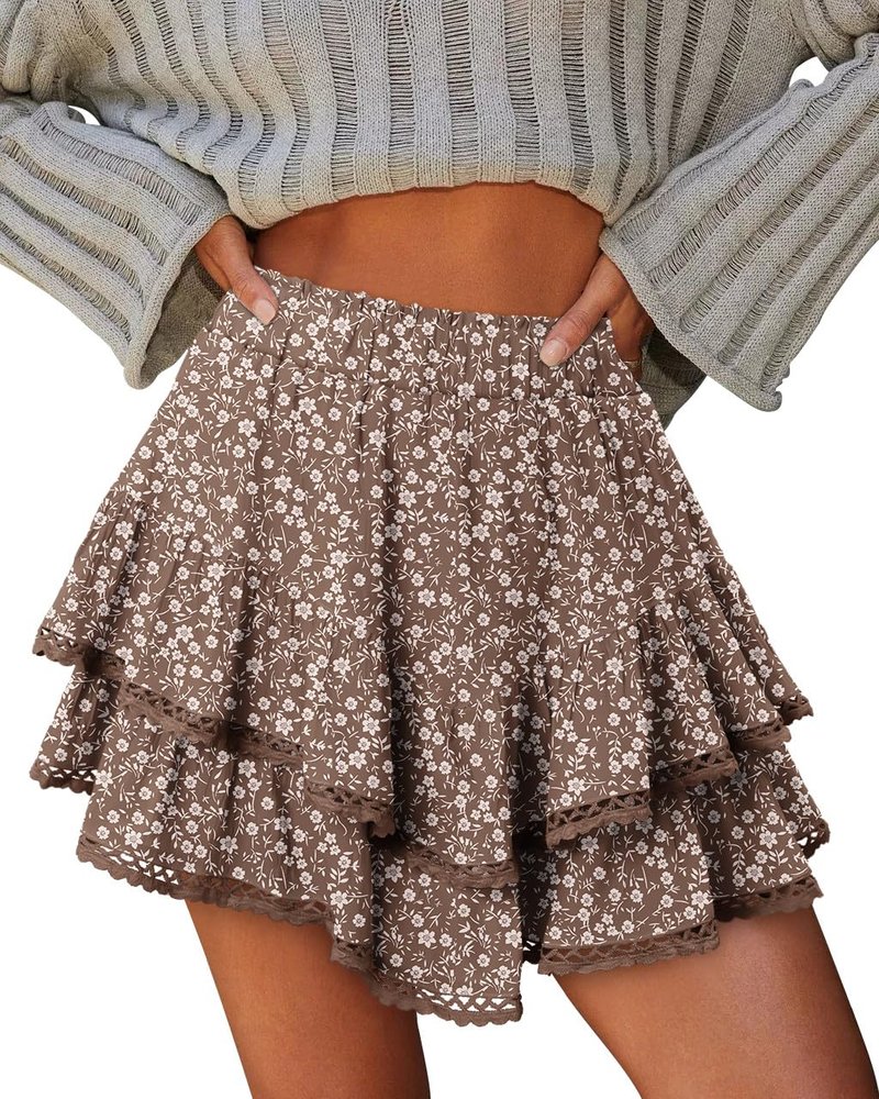 onlypuff Ruffle Skorts for Woman Floral Cute Mini Skirts Flowy Shorts Country Concert Outfits Coastal Cowgirl Coachella Western Skirt Floral Brown M