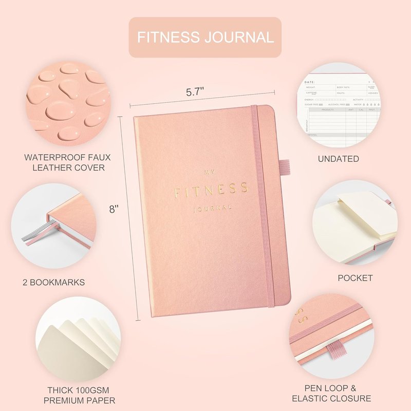 Workout Journal for Men & Women - Fitness & Food Tracker | Undated A5 Leather Hardcover (Rose Gold)