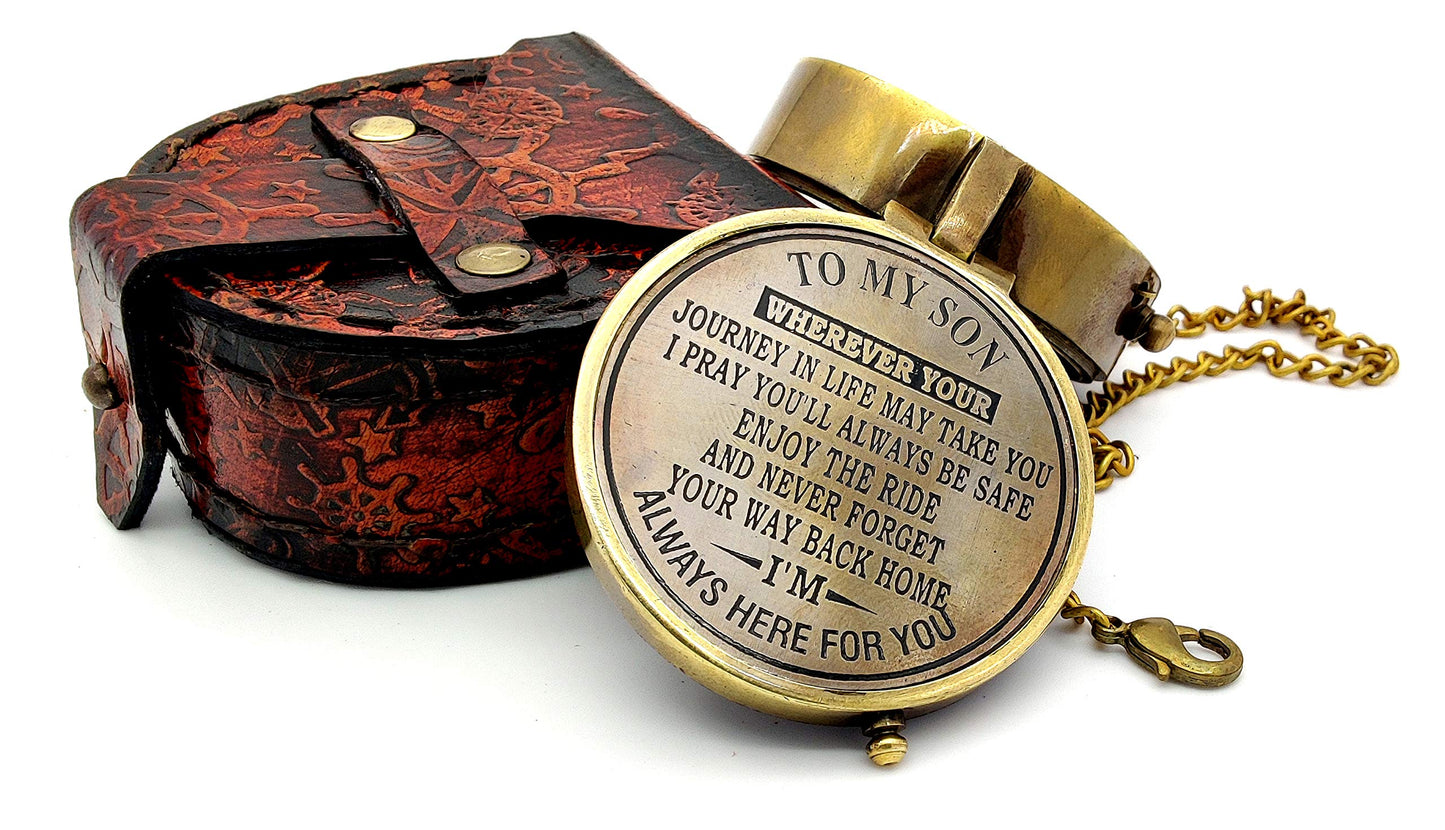 5MoonSun5's Engraved Brass Compass Gift to My Son with Leather Case - Nautical Gift from Dad or Mom, Functional Navigation Compass with Brass Chain