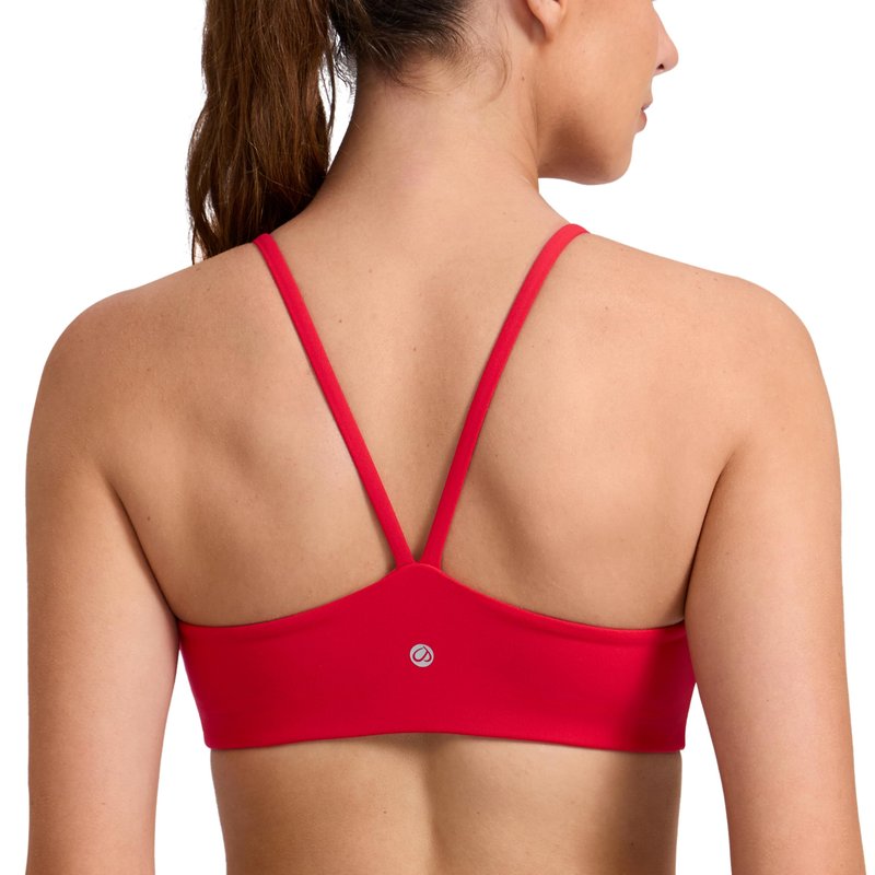 CRZ YOGA Butterlift Double Lined V Back Sports Bras for Women - Scoop Neck Spaghetti Strap Wireless Yoga Top Non Padded Aurora Red Small