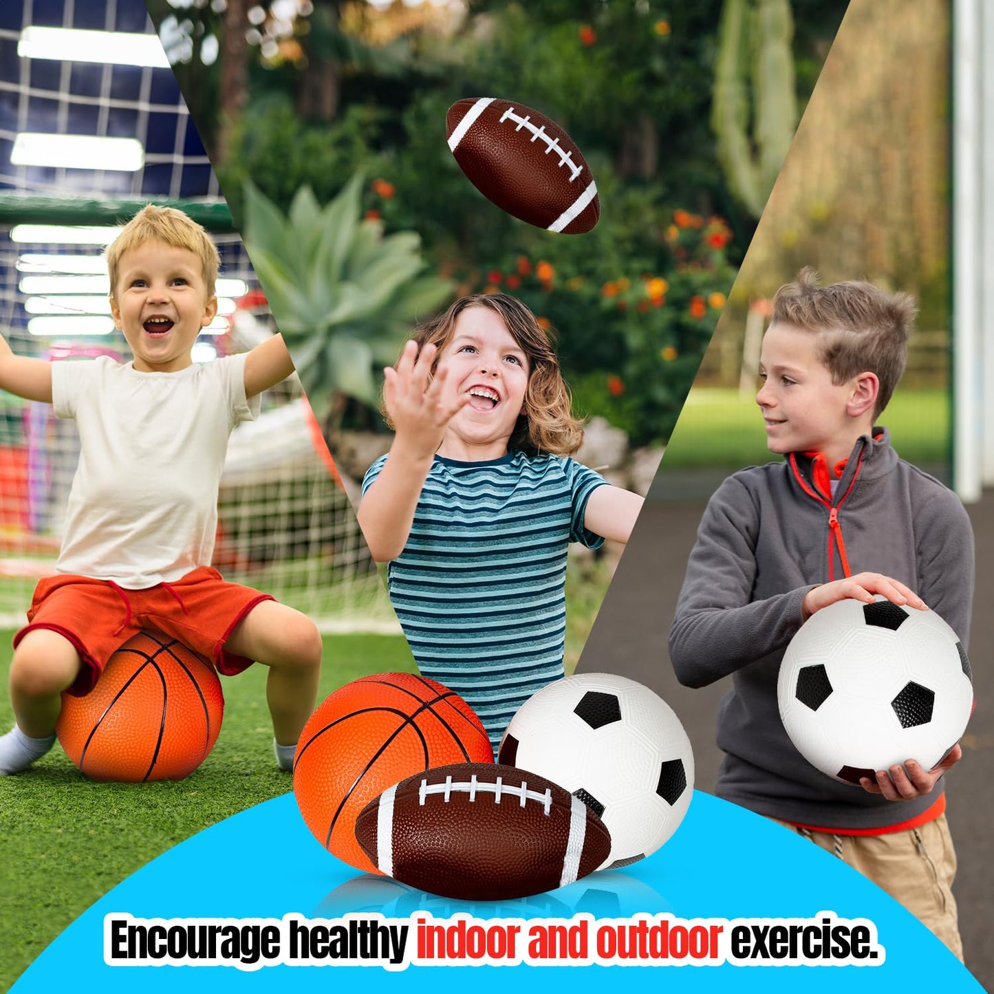 New Bounce Soft Sports Balls for Toddlers - Set of 3 5" Balls; Basketball, Football, and Soccer - Outdoor Playground Mini PVC Balls