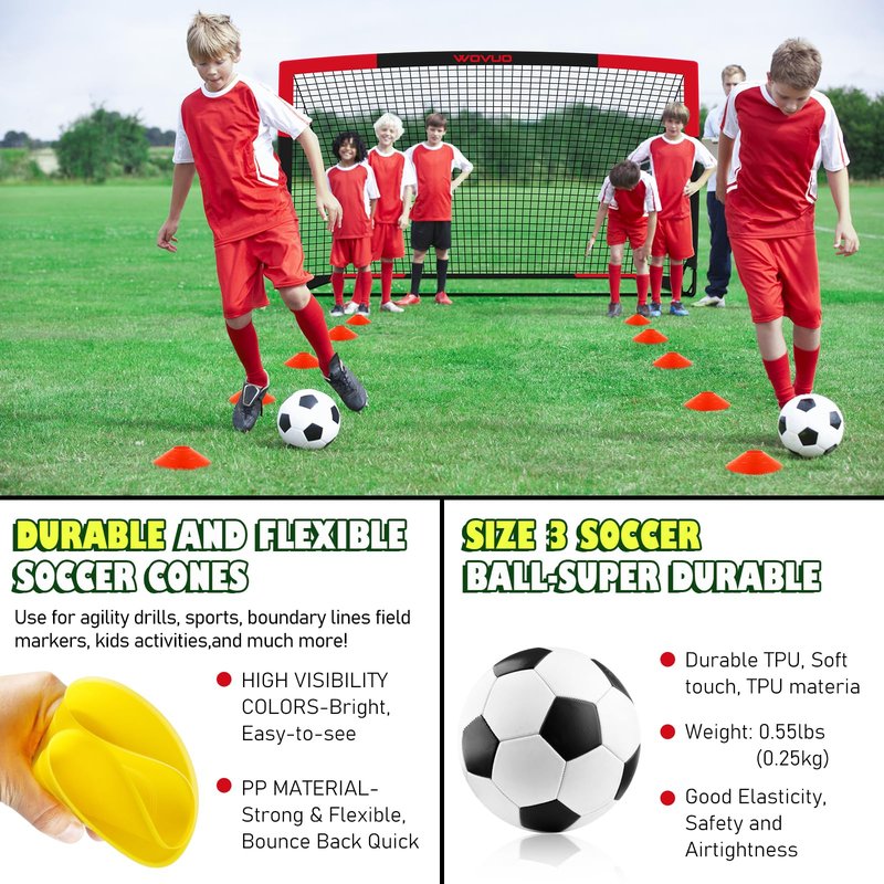 Soccer Goals for Backyard Set of 2, 6x4 ft Portable Soccer Goal Training Equipment with Soccer Target, Ball, Cones, Soccer Net for Age 3-5 6-8 8-12 10-12-14 Outdoor Sports Games Gift