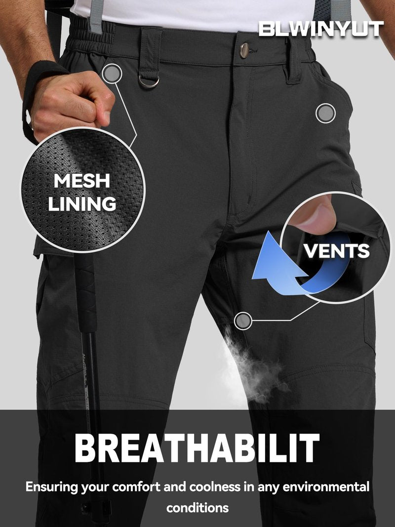 Men's Lightweight Hiking Pants Water Resistant Quick Dry Breathable Stretch Outdoor Travel Camping Fishing Cargo Work Pants with 6 Pockets Black 32Wx30L