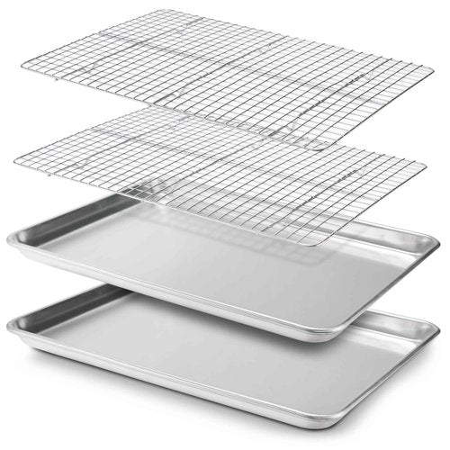 Checkered Chef Baking Sheet, 2 Pack Half Sheet Pan with Stainless Steel Wire Rack Set - Easy Clean Cookie Sheets for Baking