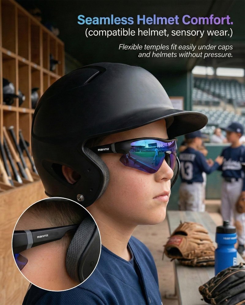 maivnz Youth Baseball Sunglasses for Boys and Girls Ages 6-12, Kids Sports Glasses for Softball Cycling, Helmet Compatible（Black/Blue