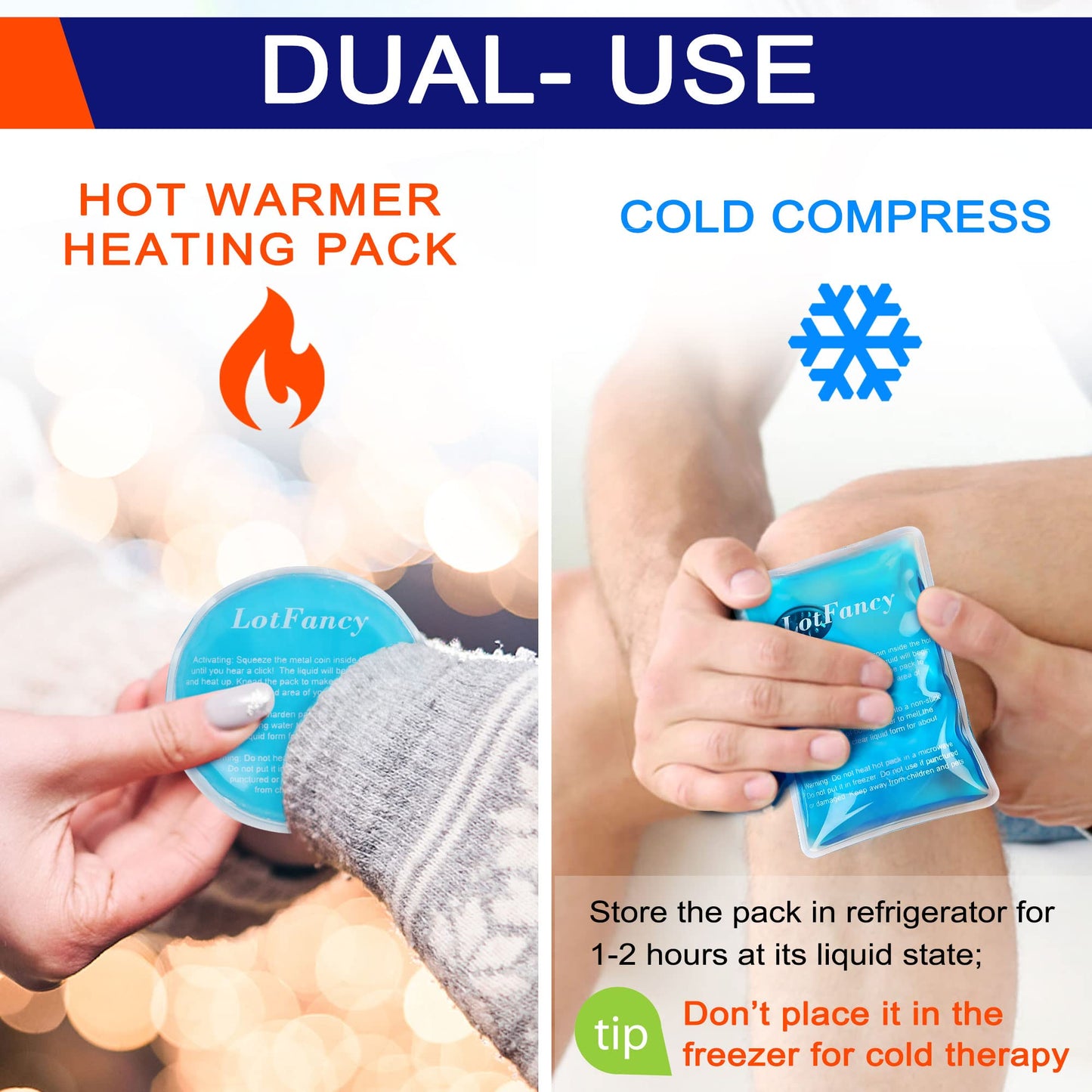 LotFancy Reusable Hand Warmer, 10 Click Activated Instant Heat Packs and 2 Wraps, Snap Hot Therapy Compress, Gel Heating Pad for Pain Relief, Outdoor & Portable Size