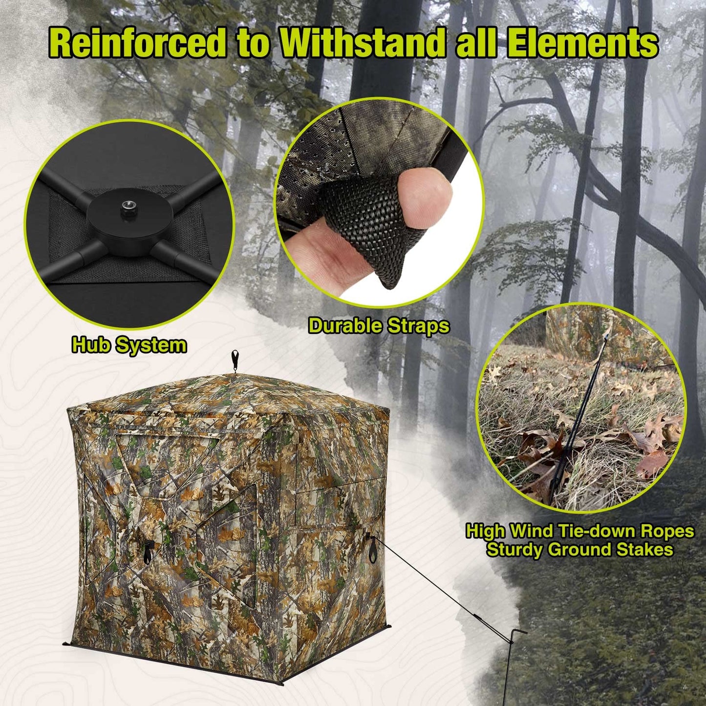 TIDEWE Hunting Blind 270° See Through with Silent Magnetic Door & Sliding Windows, 2-3 Person Pop Up Ground Blind with Carrying Bag, Portable Resilient Hunting Tent for Deer&Turkey Hunting(Camouflage)