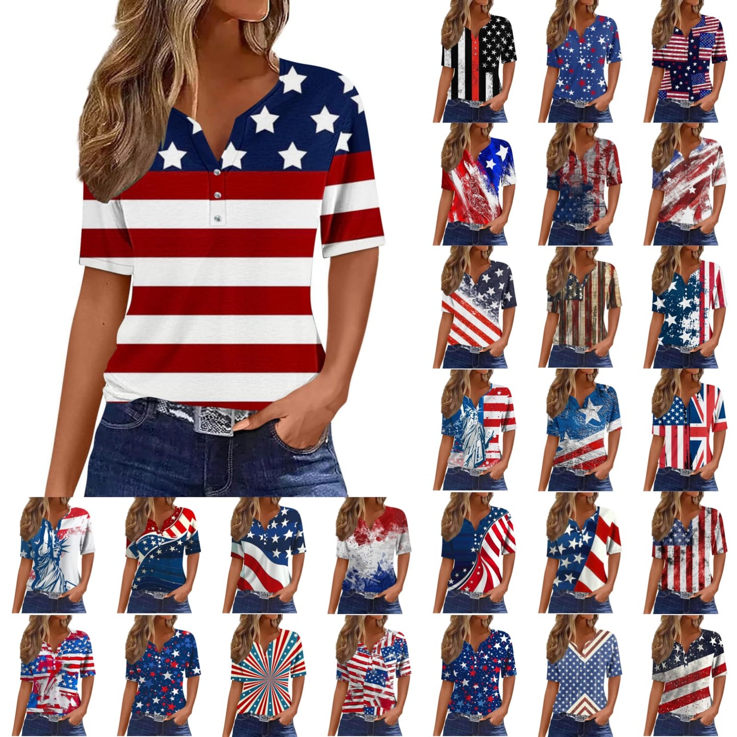 Aboser 4th of July Outfits for Women 2024 July 4th Shirts for Women American Flag Tops Summer Short Sleeve Tshirts Button V Neck Tees 2024 Patriotic Blouses 4th of July Shirt