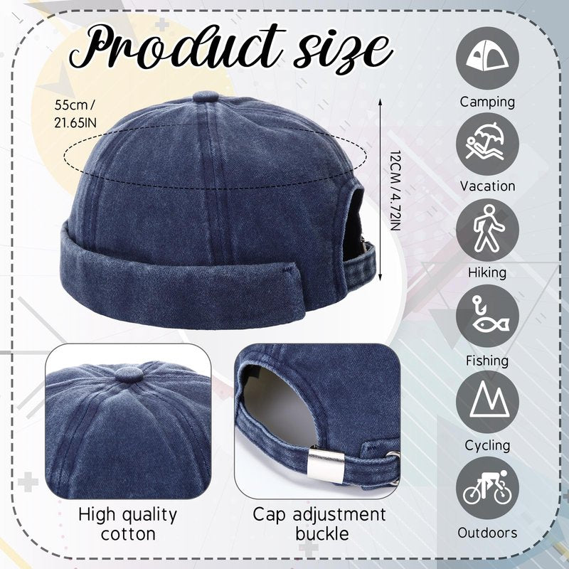 SATINIOR 2 Pieces Brimless Hats for Men Adjustable Docker Cap Casual No Brim Hat Rolled Cuff Sailor Skullcap(Black, Blue)