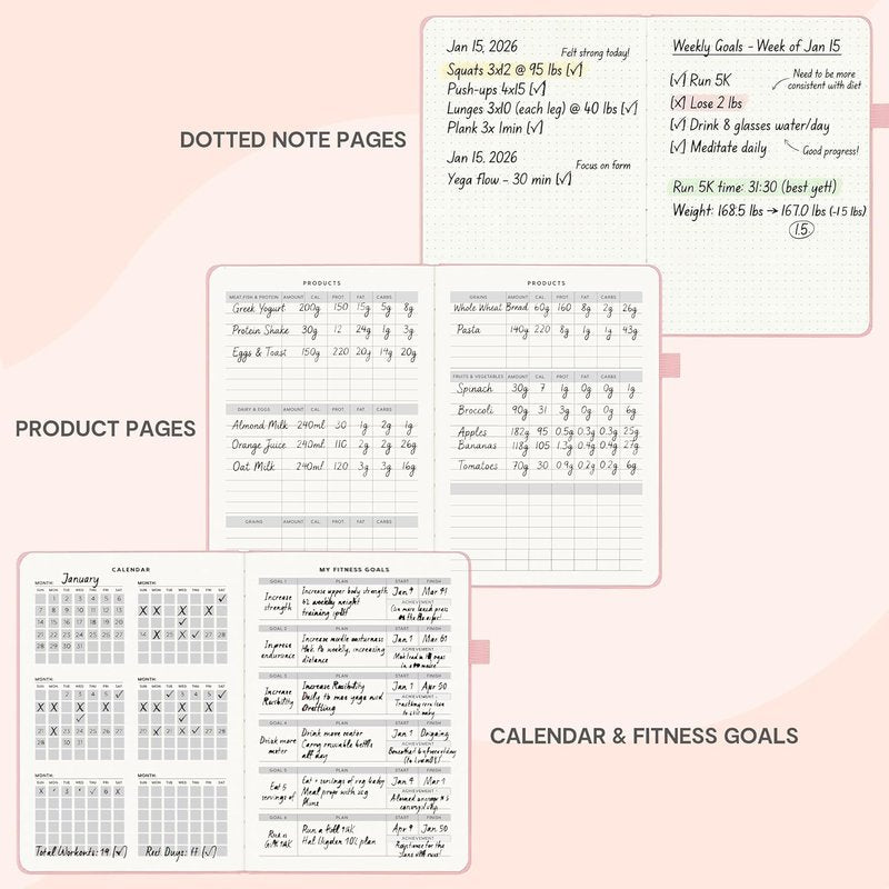 Workout Journal for Men & Women - Fitness & Food Tracker | Undated A5 Leather Hardcover (Rose Gold)