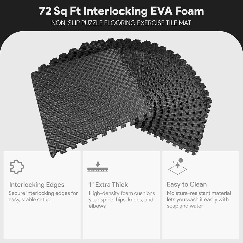 BalanceFrom Puzzle Exercise Mat - 1" Thick EVA Interlocking Foam Tiles for Home Gym | Black, 24" x 24" (72 Sq Ft, 18 Tiles)