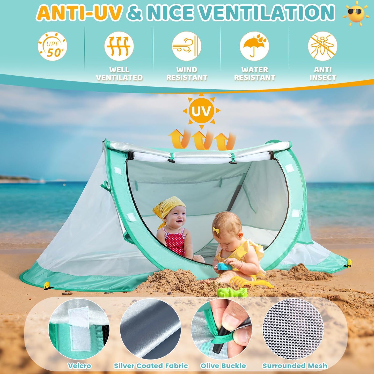 Orzbow Baby Beach Tent, Large Pop Up Beach Tent Sun Shelter with Mosquito Net, UPF 50+ UV Protection Sun Shelter, Portable with Carry Bag & 4 Stakes, Baby Summer Essentials for Boys and Girls, Green