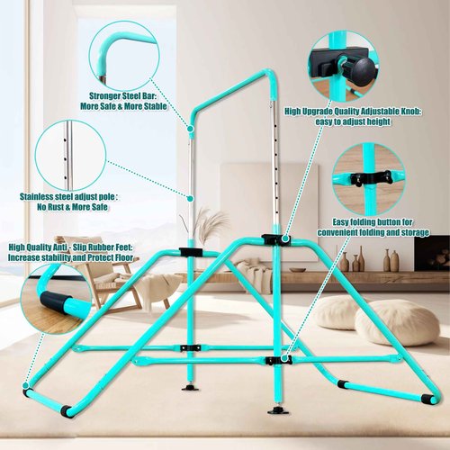MARFULA Foldable Gymnastic Bar for Kids Ages 3-9, 9 Height Levels, 200 lbs Weight Capacity, 5 Ft Length Gymnastic Kip Bar with Mat, Gymnastic Equipment for Home and Gym Center Indoor Outdoor Use